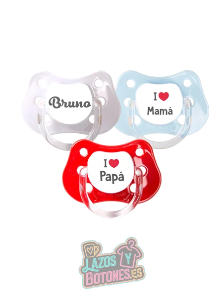 PACK DE 3 CHUPETES PERSONALIZADOS CON NOMBRE - CORAZÓN - 0 a 6 meses