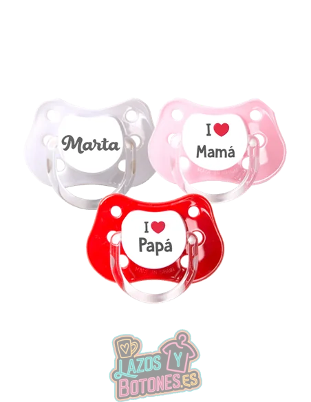 PACK DE 3 CHUPETES PERSONALIZADOS CON NOMBRE - CORAZÓN - 0 a 6 meses